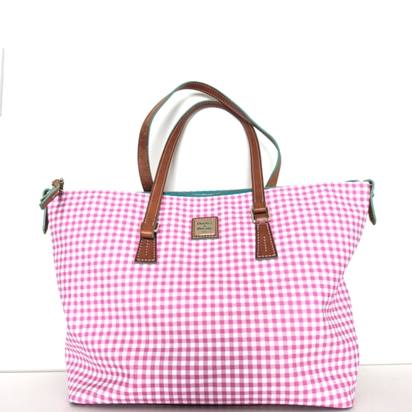 Dooney & Bourke Pink Checkered Tote Bag with Brown Leather Trim - Picture 1 of 16